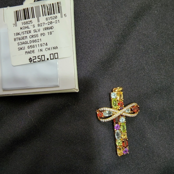 18k on SS multi gem cross pendant - Picture 2 of 3